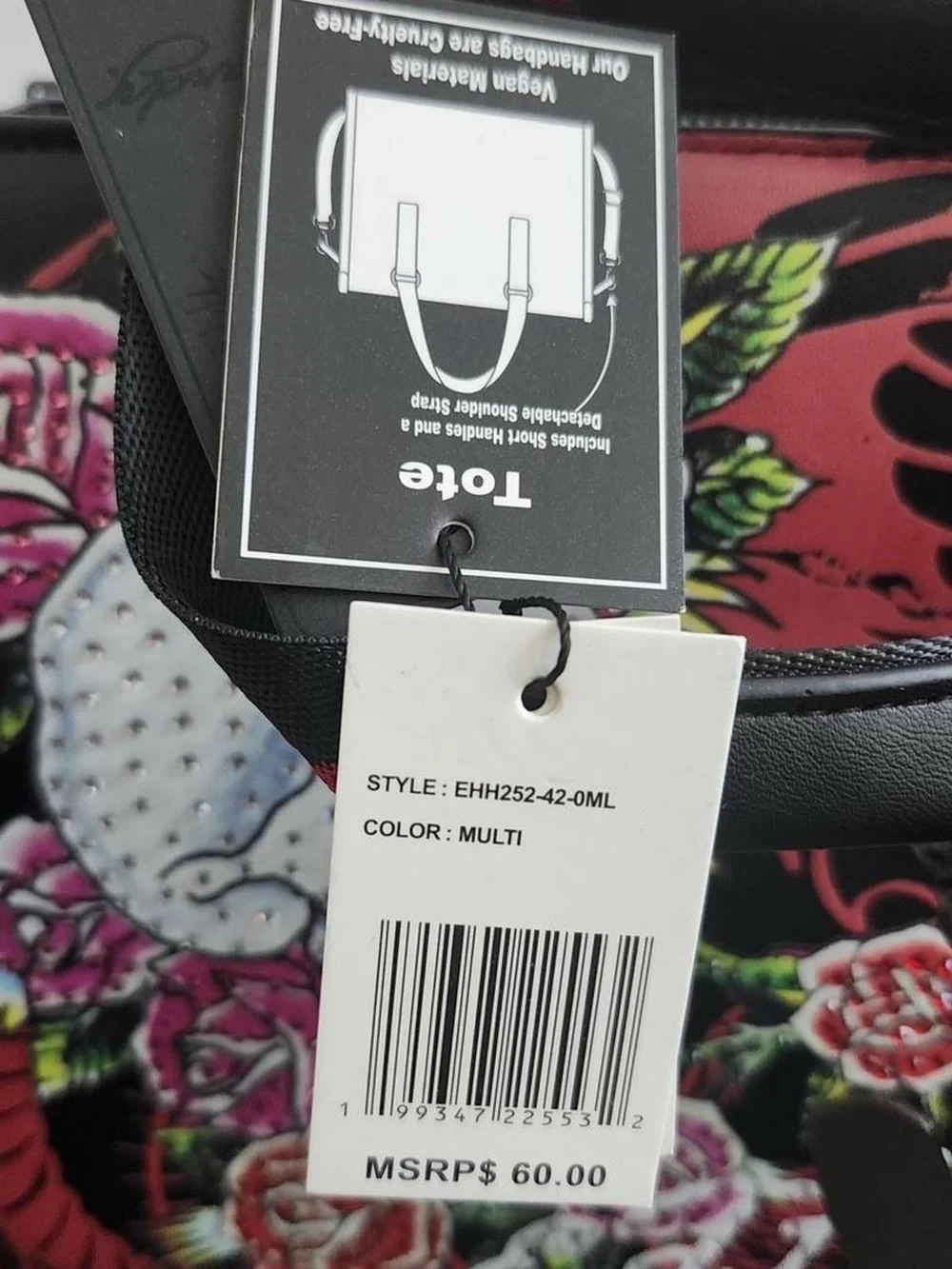 Ed Hardy Pink and Black Floral Skull Satchel with Stud Embellishments